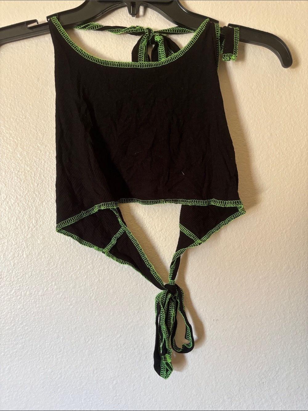 SHEIN Black Halter Crop Top Neon Green Contrast Stitch Size M